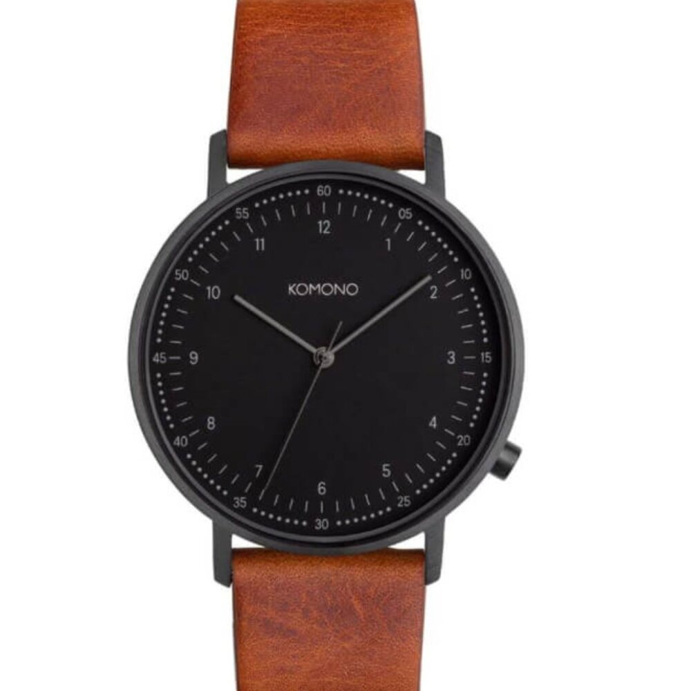 KOMONO Lewis Watch | Cognac Brown Leather | Black Dial | Unisex 39mm | Minimal